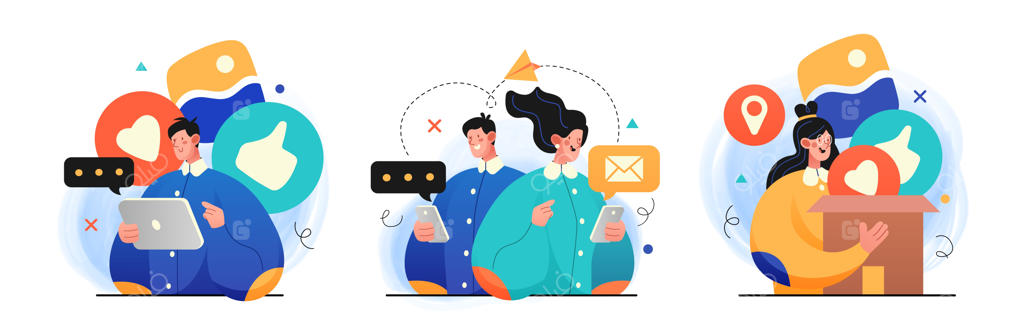 مجموعه‌ای از تصاویر مفهومی شبکه‌های اجتماعی و ارتباطات دیجیتال