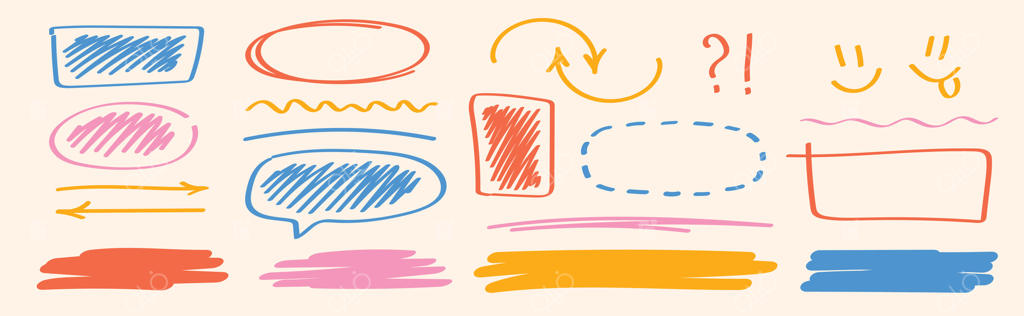 مجموعه طرح‌های دست‌کشیده حباب‌ها، فلش‌ها و نشانگرهای آبی، صورتی و قرمز برای یادداشت‌ها و طراحی خلاقانه. خطوط نشانگر برای هایلایت. جعبه‌های متنی دست‌کشیده، برجسته‌سازی و علامت‌گذاری.