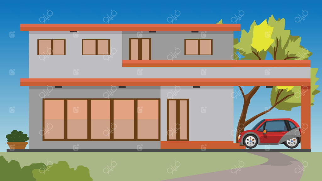 تصویرسازی خانه مینیمال خصوصی با پارکینگ و ماشینی قرمز. باغ را با گلدان‌های درختی و یک درخت بزرگ در پشت پارکینگ تزیین کنید. در پس‌زمینه، آسمانی با گرادیان آبی.