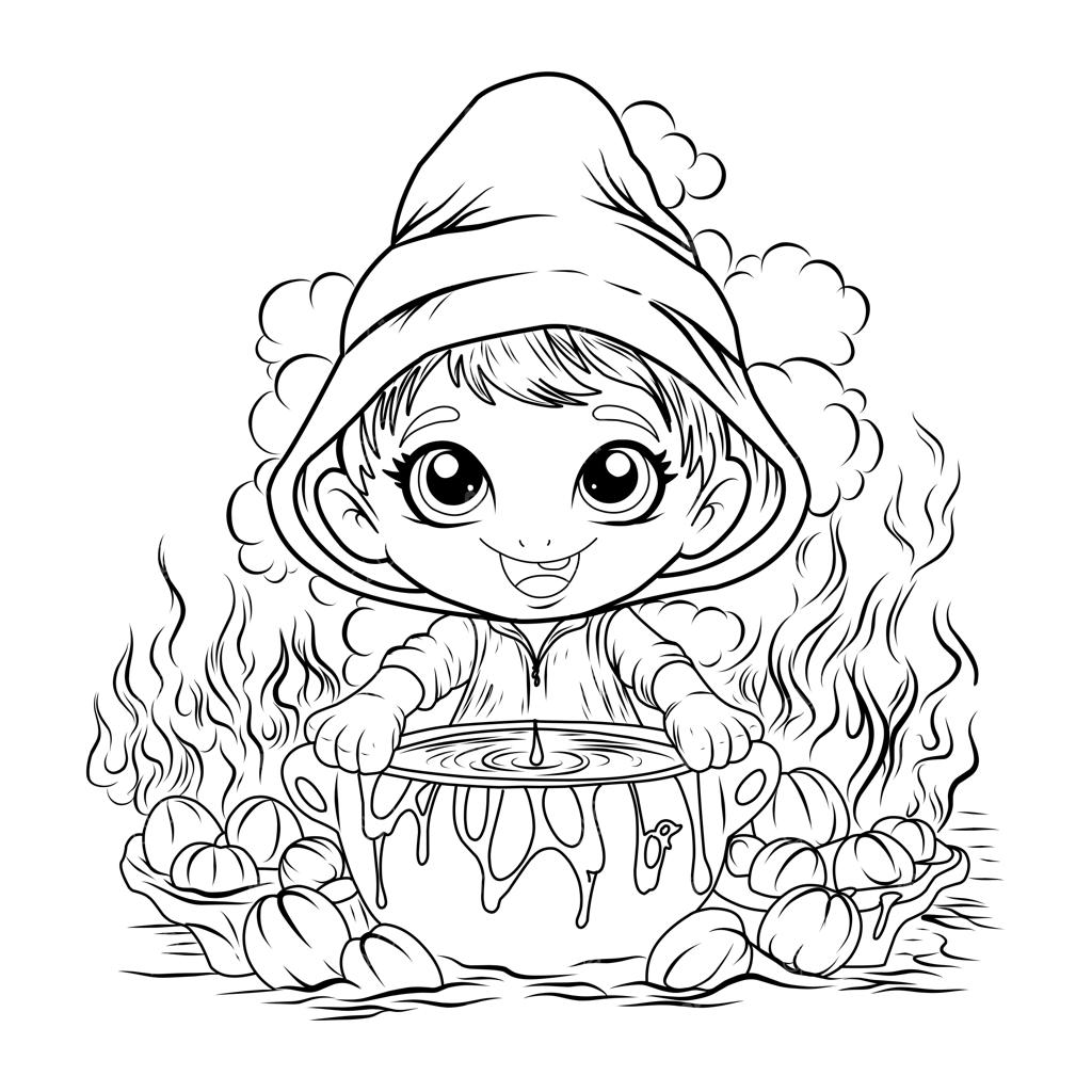 صفحه رنگ‌آمیزی: جادوگری با کلاه در حال درست کردن معجون در دیگ، کتاب رنگ‌آمیزی هالووین