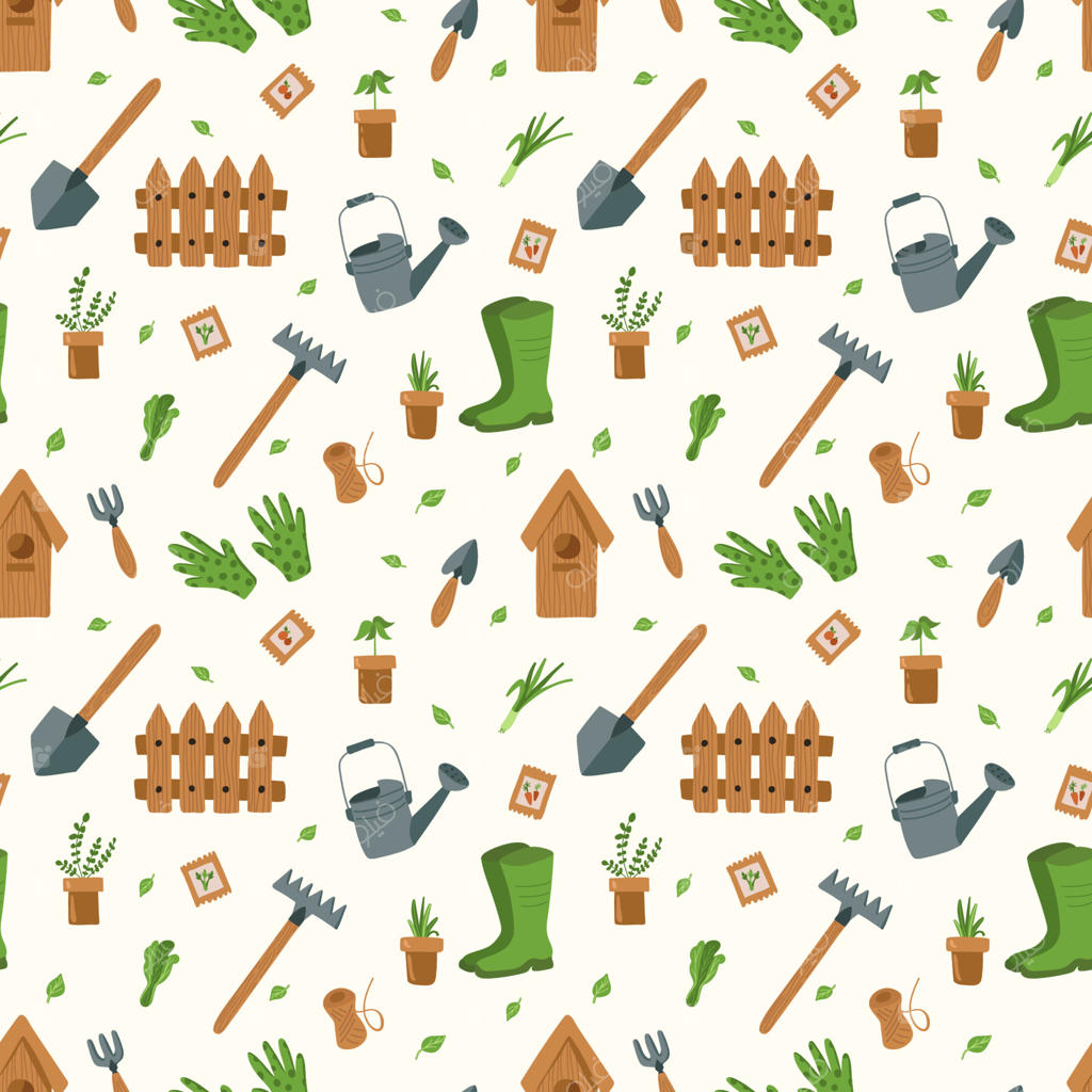 ابزار باغبانی: پترن وکتور بهاری، چیدمان باغ، باغبان