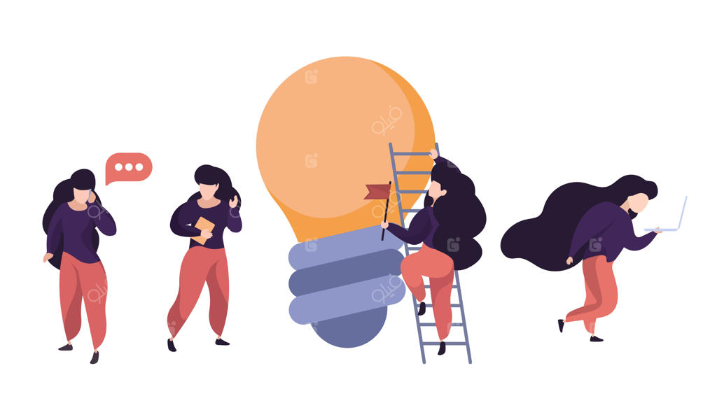 مجموعه وکتور زن در حال جستجوی اطلاعات و ایده‌های نو، صحبت با تلفن و وب‌گردی؛ دختر با کتاب و لپ‌تاپ