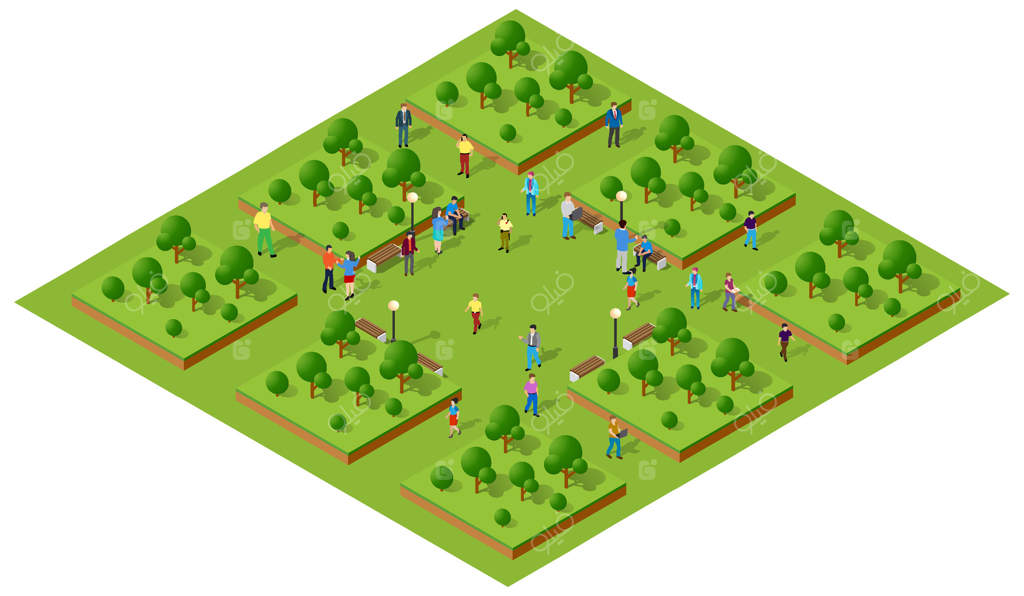 تصویر ایزومتریک از افرادی در باغچه‌ای مربع‌شکل