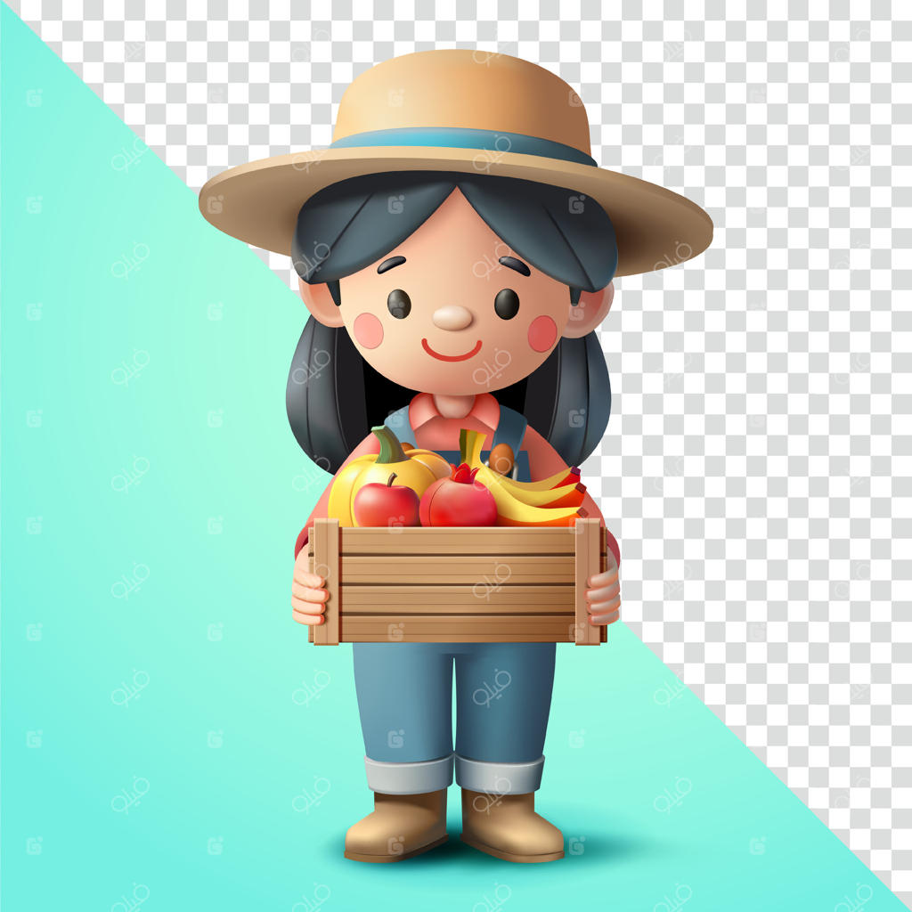زن کشاورزی که جعبه‌ای پر از میوه‌ها در دست دارد، طراحی سه‌بعدی. مناسب برای مزارع، دامداری و کشاورزی