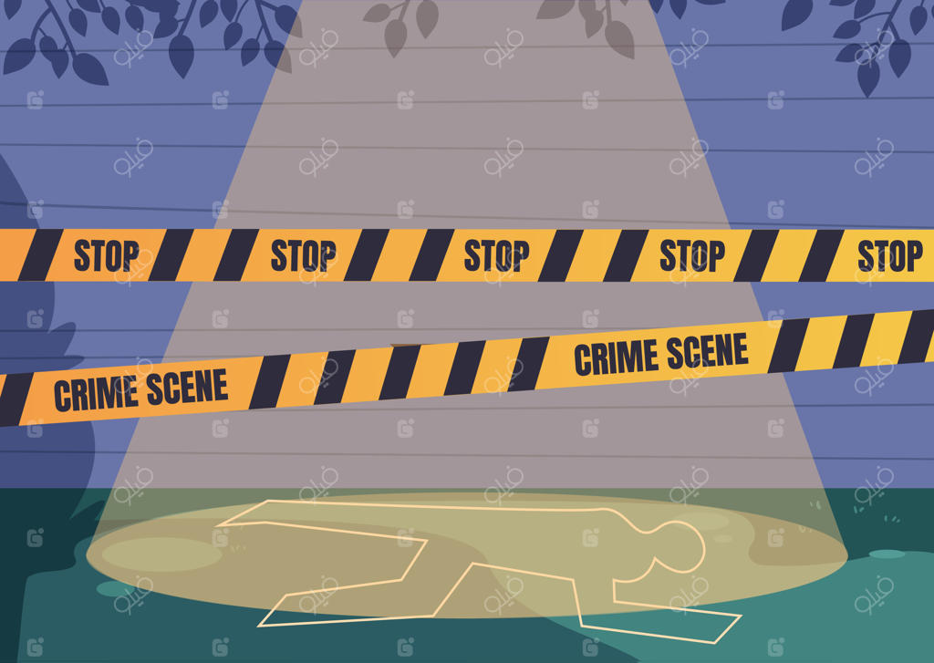 صحنه جرم با طرحی از بدن قربانی در خیابان - تصویرسازی کارتونی