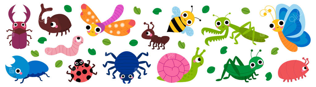 مجموعه‌ای از حشرات و موجودات بامزه‌ی باغچه: حلزون، عنکبوت، پروانه، سوسک شاخ‌دار، آخوندک، سنجاقک، ملخ، کرم، کفشدوزک، زنبور، مورچه برای کودکان. شخصیت‌های کودکانه و خنده‌دار.