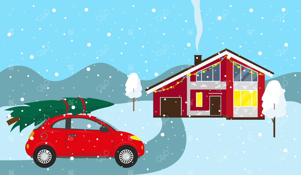 خانه روستایی و ماشین با درخت کریسمس روی سقف