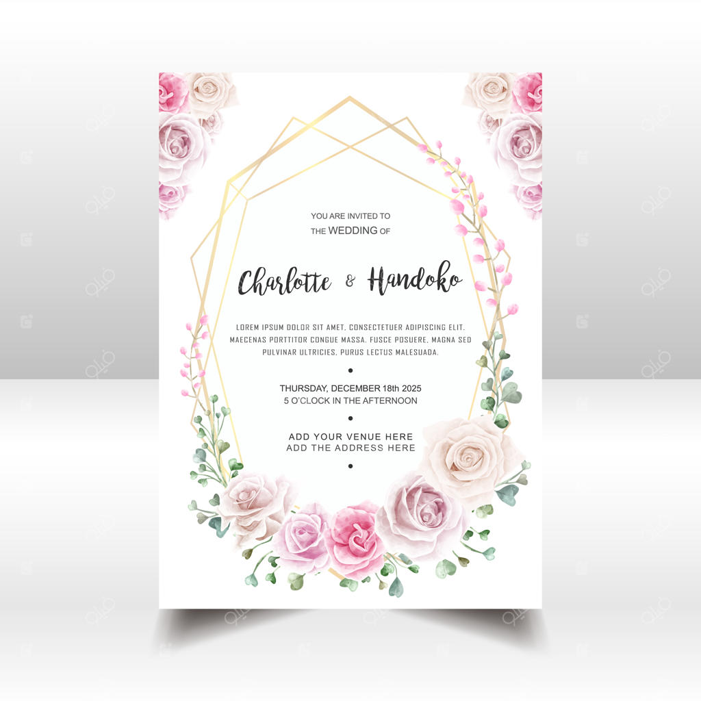 قالب کارت دعوت عروسی شیک با گل‌های آبرنگی زیبا و قاب طلایی