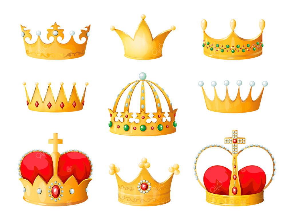 تاج کارتونی طلا: تاج‌های زرد طلایی برای شاهزاده و ملکه با الماس و نمادهای تاج‌گذاری و کرونا