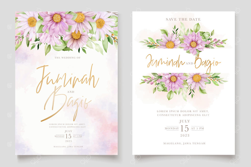 ست کارت دعوت عروسی با طرح گل‌های آبرنگی شیک و زیبا