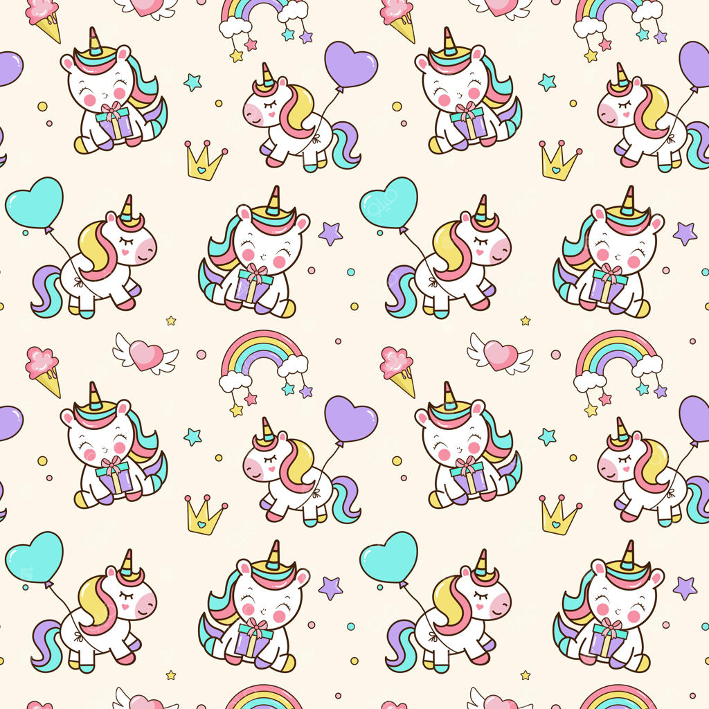 الگوی یکپارچه با اسب‌های تک‌شاخ، ستاره‌ها، رنگین‌کمان و کاغذپاش. پس‌زمینه کارتونی برای جشن تولد.