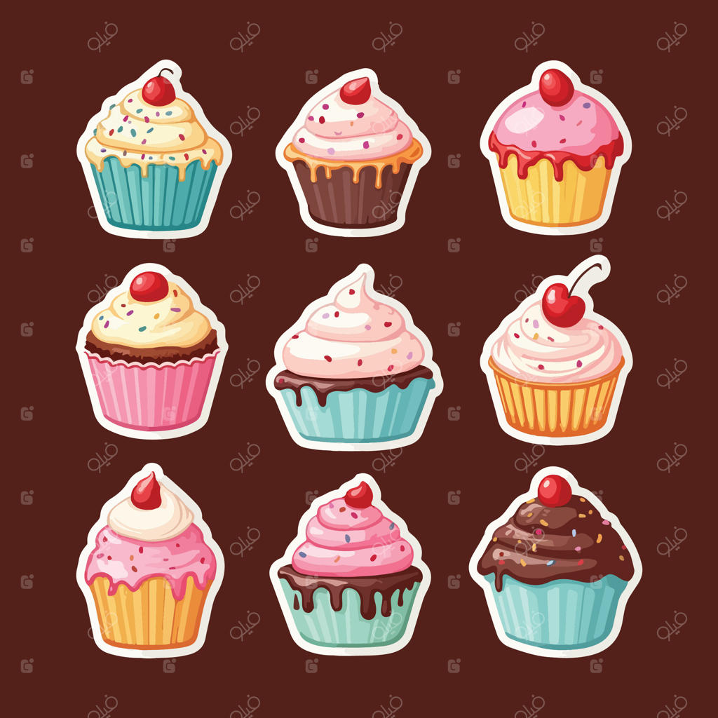 بسته تصاویر کیک‌های فنجانی با طراحی‌های رنگارنگ و شیرینی‌های خوشمزه، مناسب برای طراحی‌های چشم‌نواز و دوستداران شیرینی‌پزی.