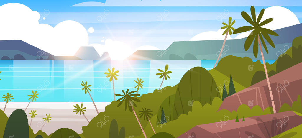 چشم‌انداز گرمسیری ساحلی در تابستان با نخل‌ها و کوه‌ها