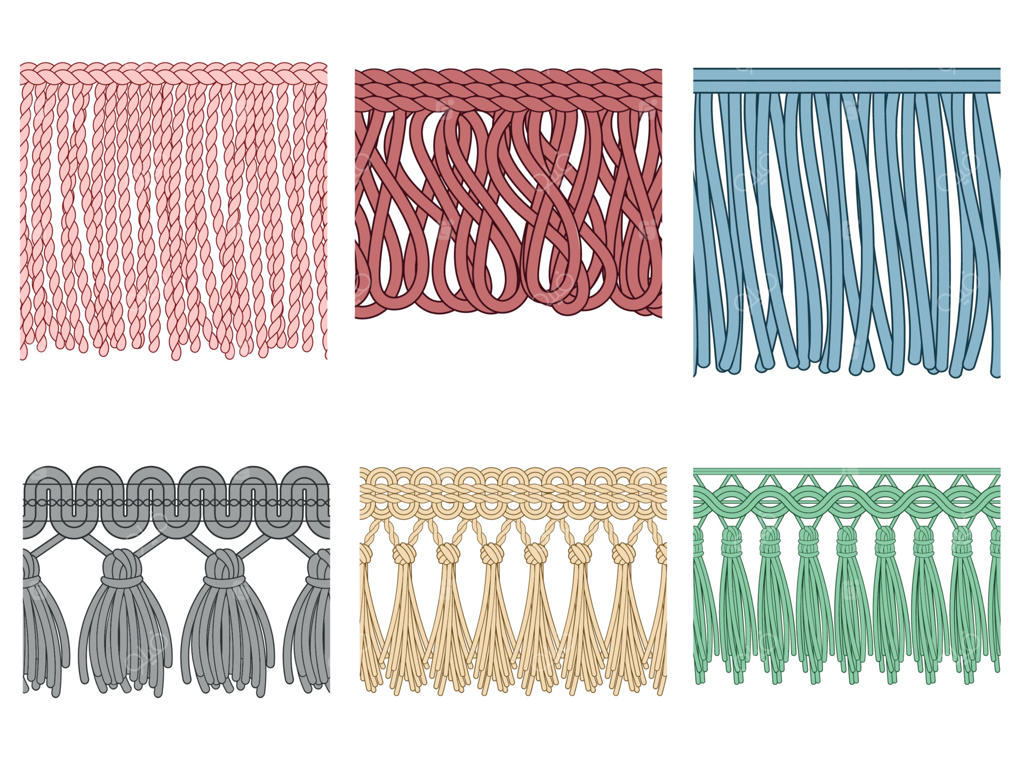 حاشیه لباس: مجموعه الگوهای بدون درز از نوار چین‌دار، لبه خام پارچه و ریشه‌های تزئینی