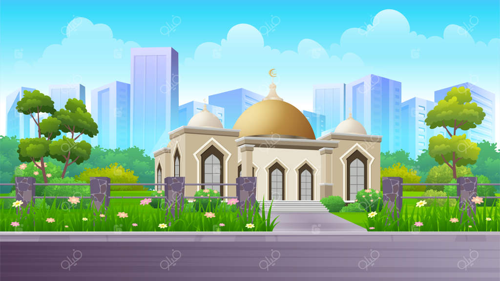 تصویر وکتور مسجد در کنار خیابان با چمن‌ سبز، بوته و درختان