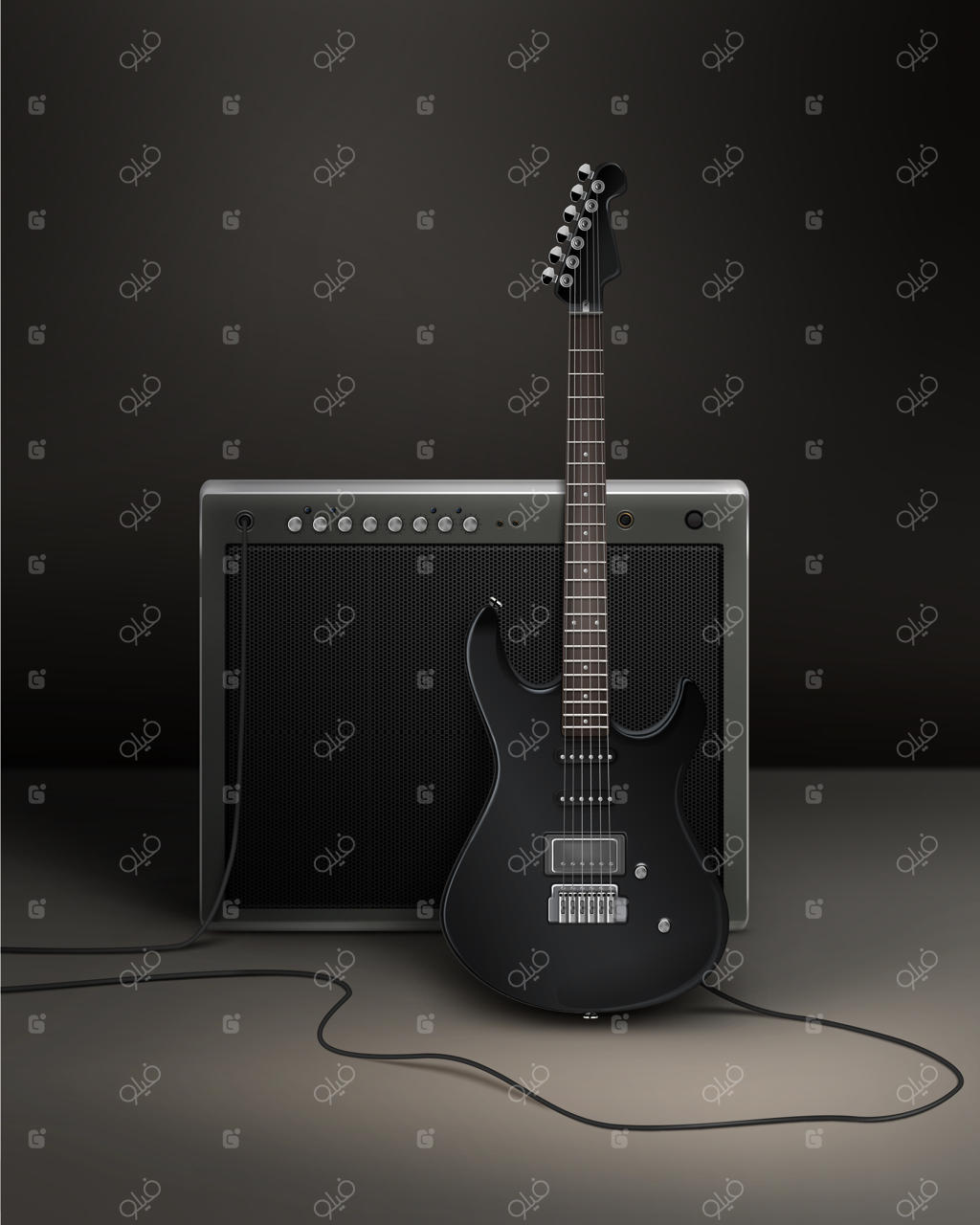 گیتار الکتریک مشکی واقعی متصل به دینامیک در استودیو