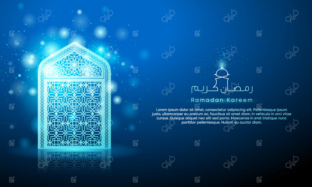 عید مبارک به خط عربی با تزیینات هندسی و طرح پنجره مسجد برای بنر و کارت تبریک