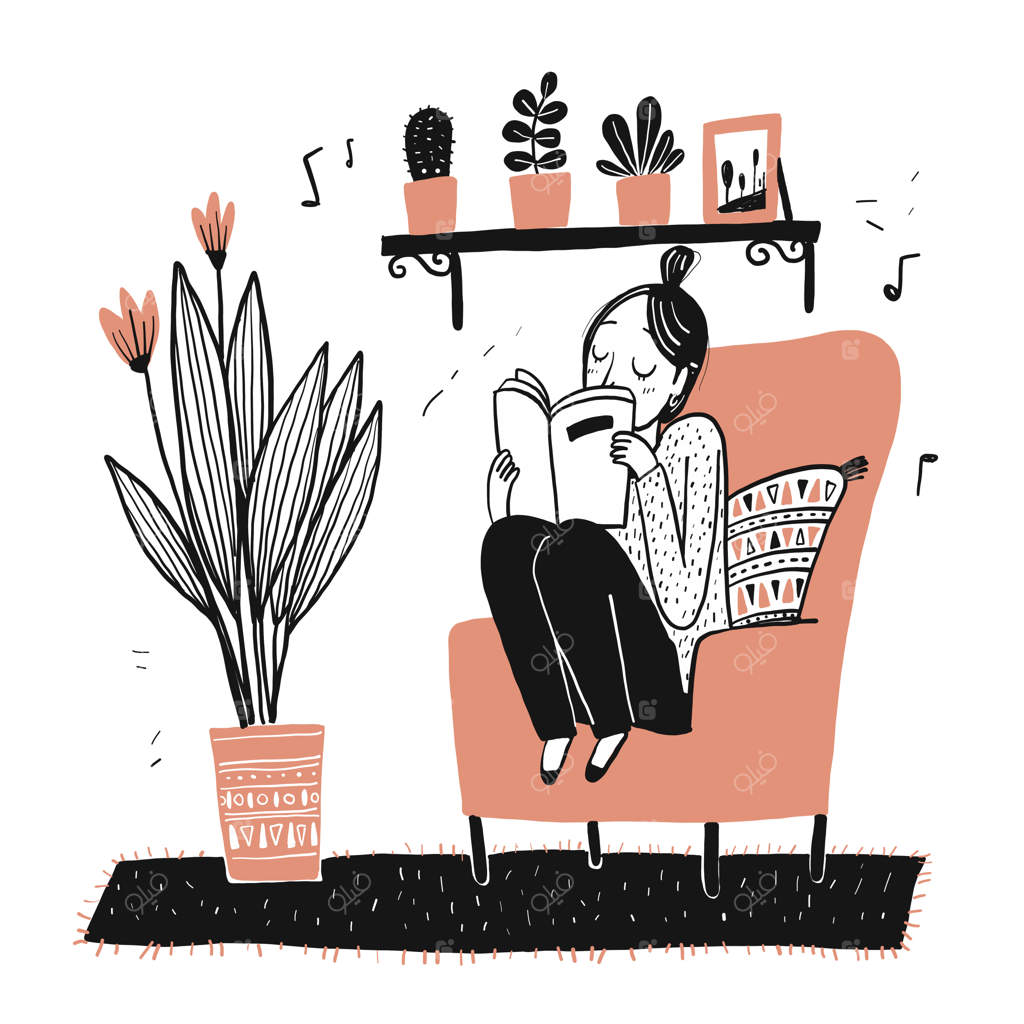 دختر نشسته و کتاب می‌خواند.