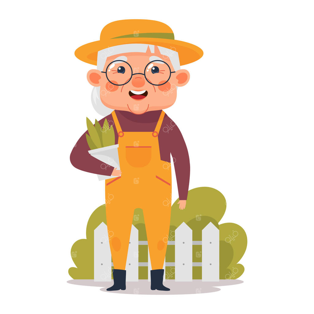 مادربزرگ دوست‌داشتنی در حال باغبانی، کاشت گیاهان. مادربزرگ با لباس باغبانی و یک گلدان گل در دست. تصویر به سبک کارتونی