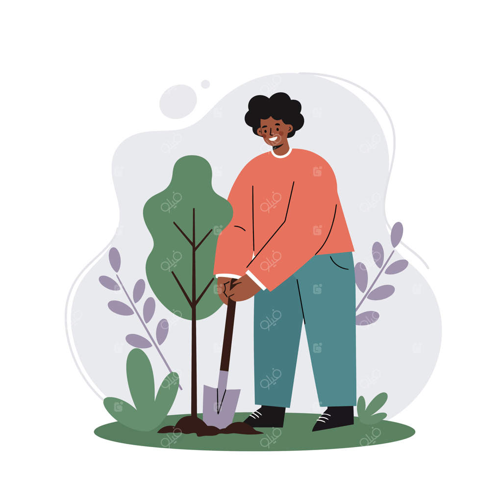 جوانی در حال کاشتن درخت در باغ با گیاهان سبز و برگ‌های بنفش، فعالیتی در طبیعت