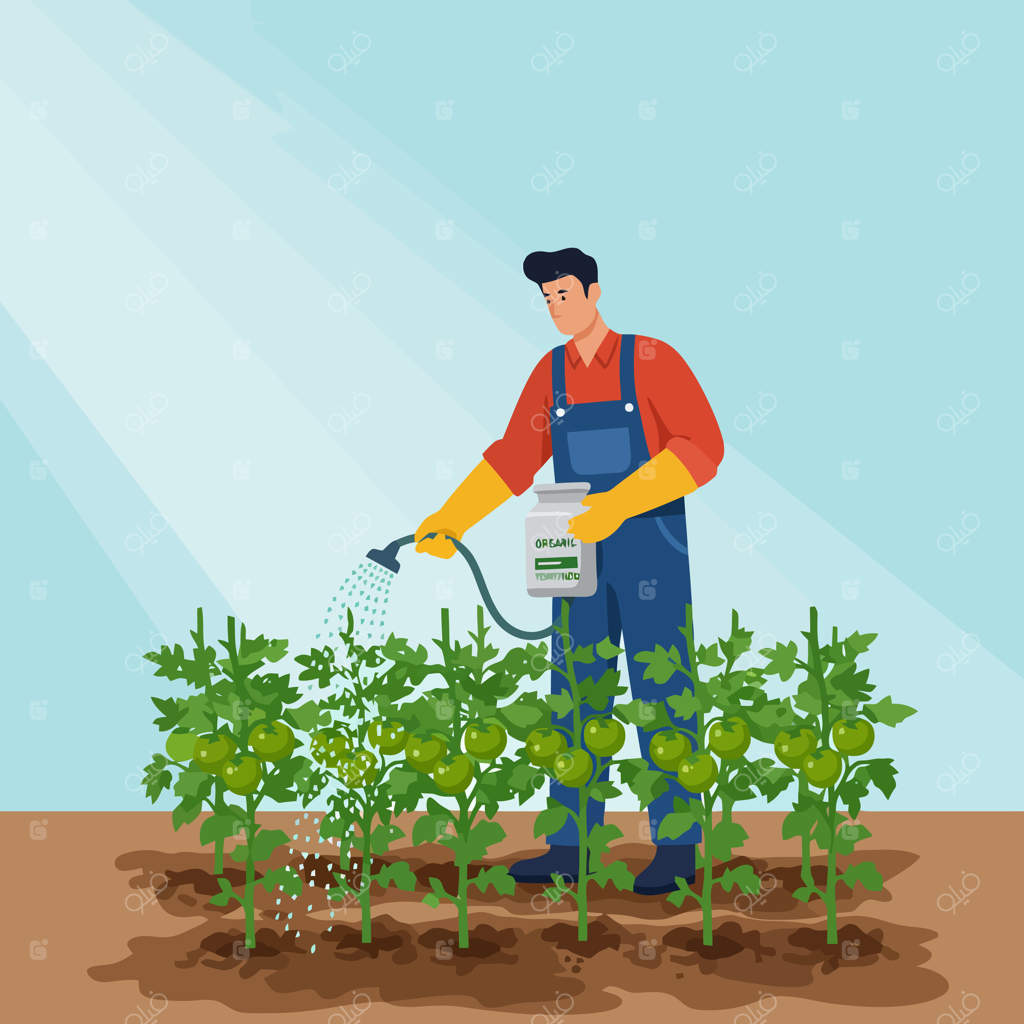 باغبان در حال آبیاری بوته‌های گوجه فرنگی با کود ارگانیک زیر نور خورشید