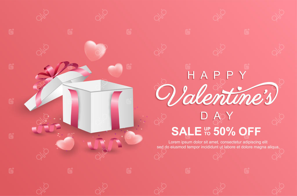بنر تبلیغاتی حراج روز ولنتاین با جعبه هدیه واقعی