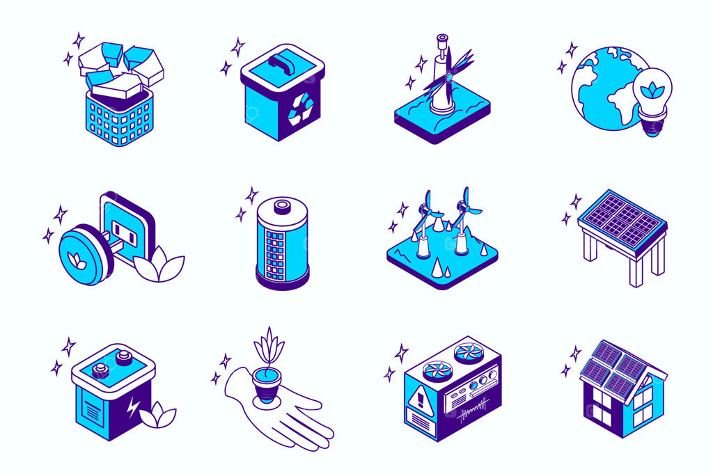 مجموعه آیکون‌های ایزومتریک سه‌بعدی از مفهوم انرژی پاک برای طراحی وب. مجموعه‌ای از عناصر بازیافت، توربین بادی، برق جهانی، باتری، پنل خورشیدی، خانه هوشمند و بیشتر. تصاویر.