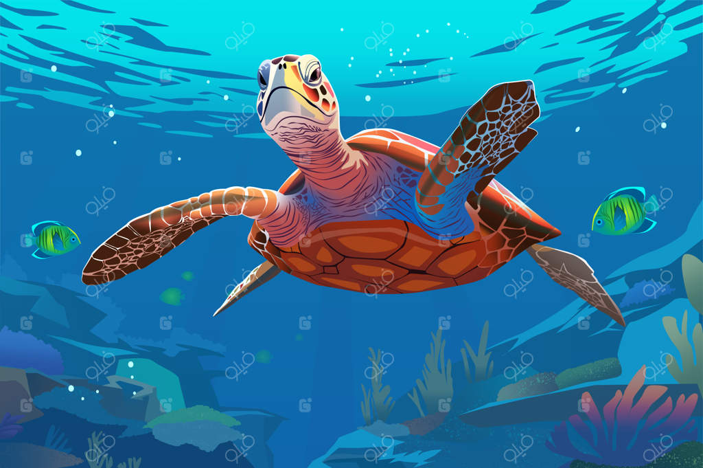 لاک‌پشت در پس‌زمینه دریا: طراحی دل‌انگیزی از تصویری با شکوه از دریای آرام و لاک‌پشتی که به آرامی در حال شنا است.