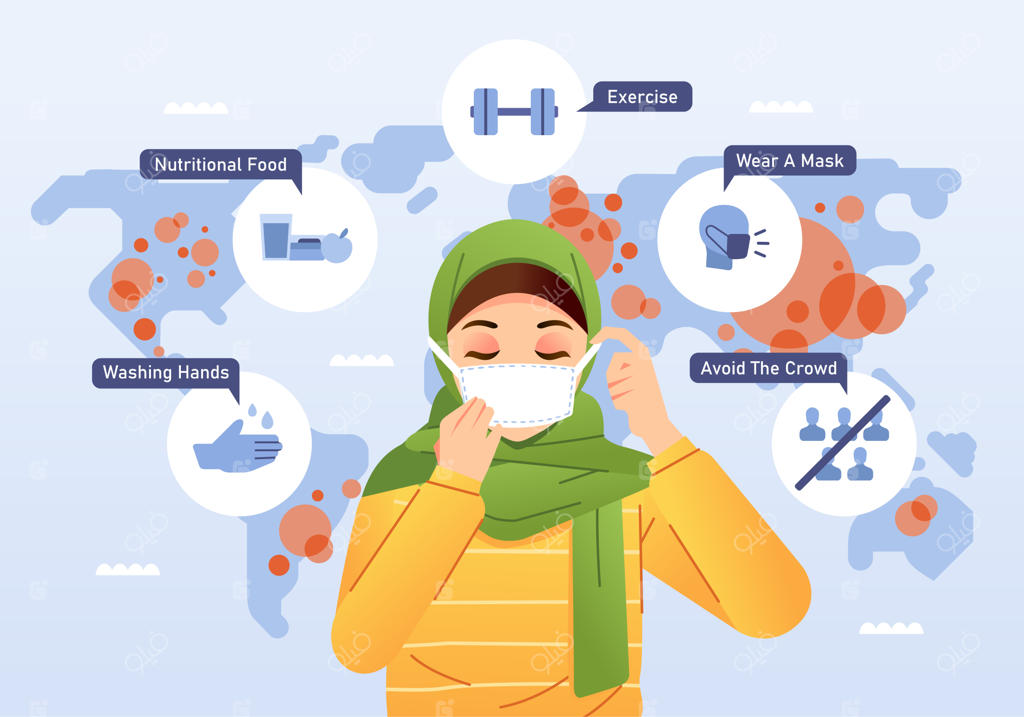 زنان محجبه با ماسک برای پیشگیری از شیوع ویروس و تصویرسازی کره زمین در پس‌زمینه