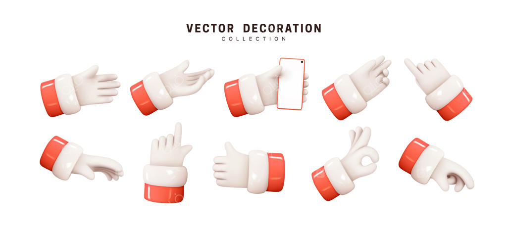 دستان بابا نوئل؛ مجموعه طراحی سه‌بعدی واقع‌گرایانه با سبک کارتونی شامل ژست‌ها و علائم مختلف دست، تصویرسازی وکتور