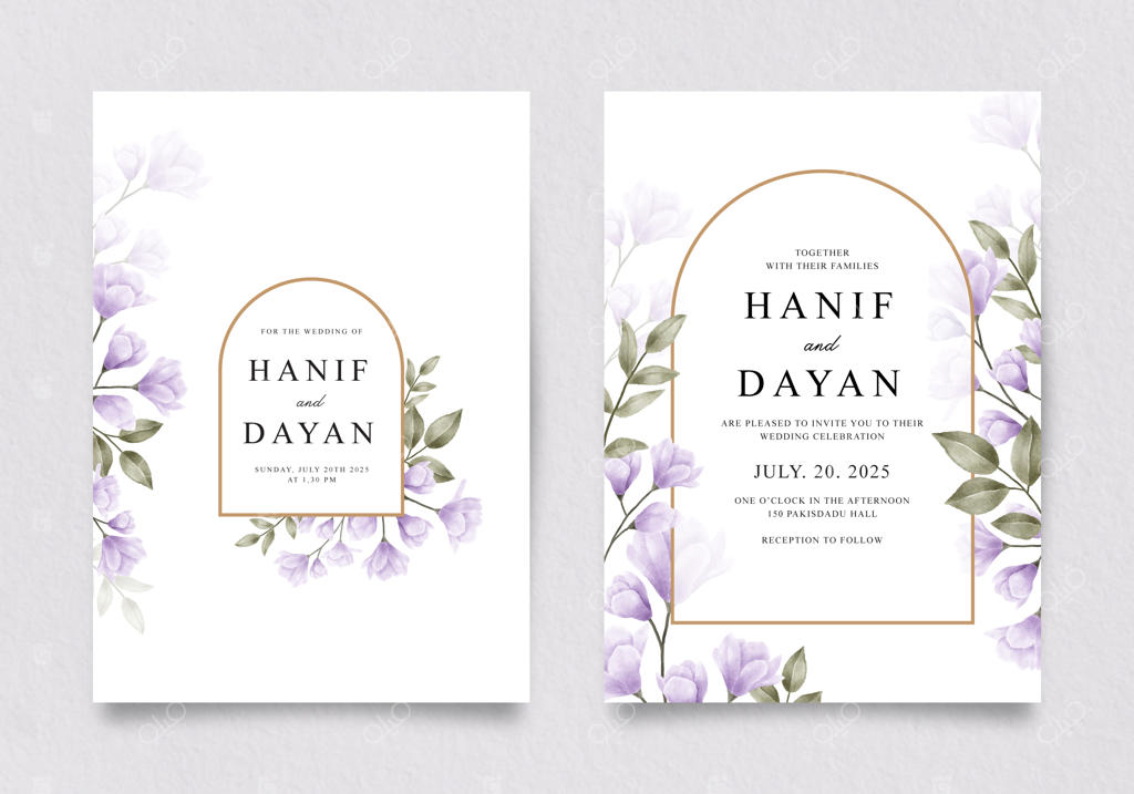 ست دعوتنامه عروسی شیک دو رو با گل‌ها و برگ‌های بنفش