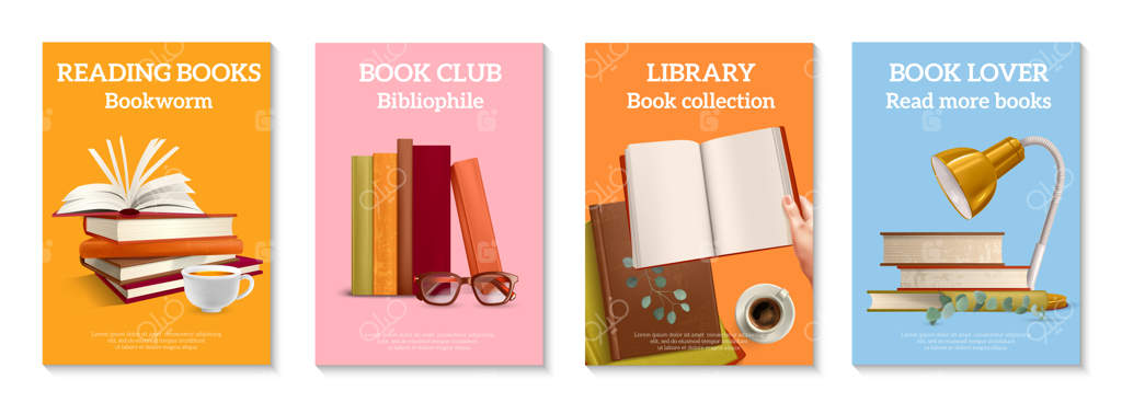 پوسترهای واقعی دوستداران کتاب با چهار پس‌زمینه عمودی و متن و تصاویر کتاب‌های رومیزی - تصویرسازی برداری