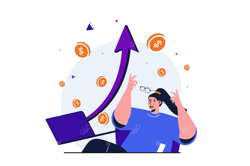 رشد کسب‌وکار: طرح مدرن برای طراحی بنر وب - زنی خوشحال جهش مالی را مشاهده می‌کند