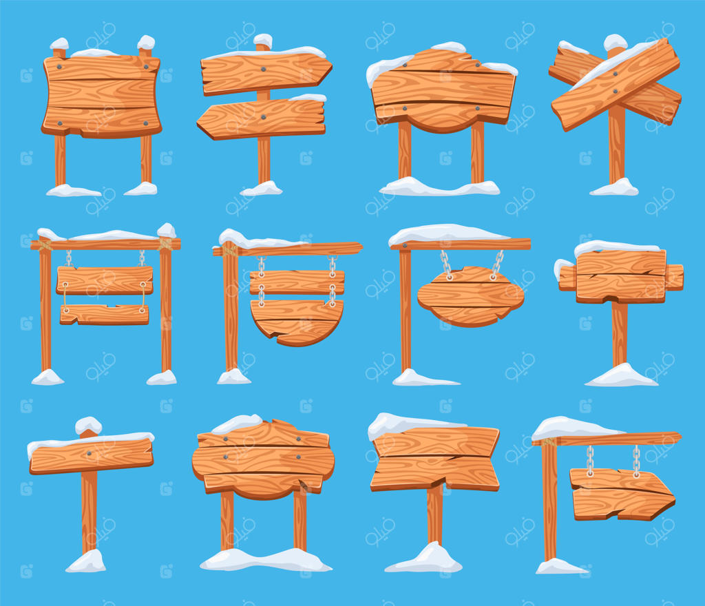 مجموعه وکتور علائم چوبی زمستانی پوشیده از برف و نشانه‌های فلش تعطیلات کریسمس