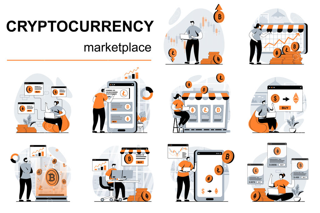 مفهوم بازار ارز دیجیتال با صحنه‌هایی از افراد به‌صورت طراحی وکتور تخت