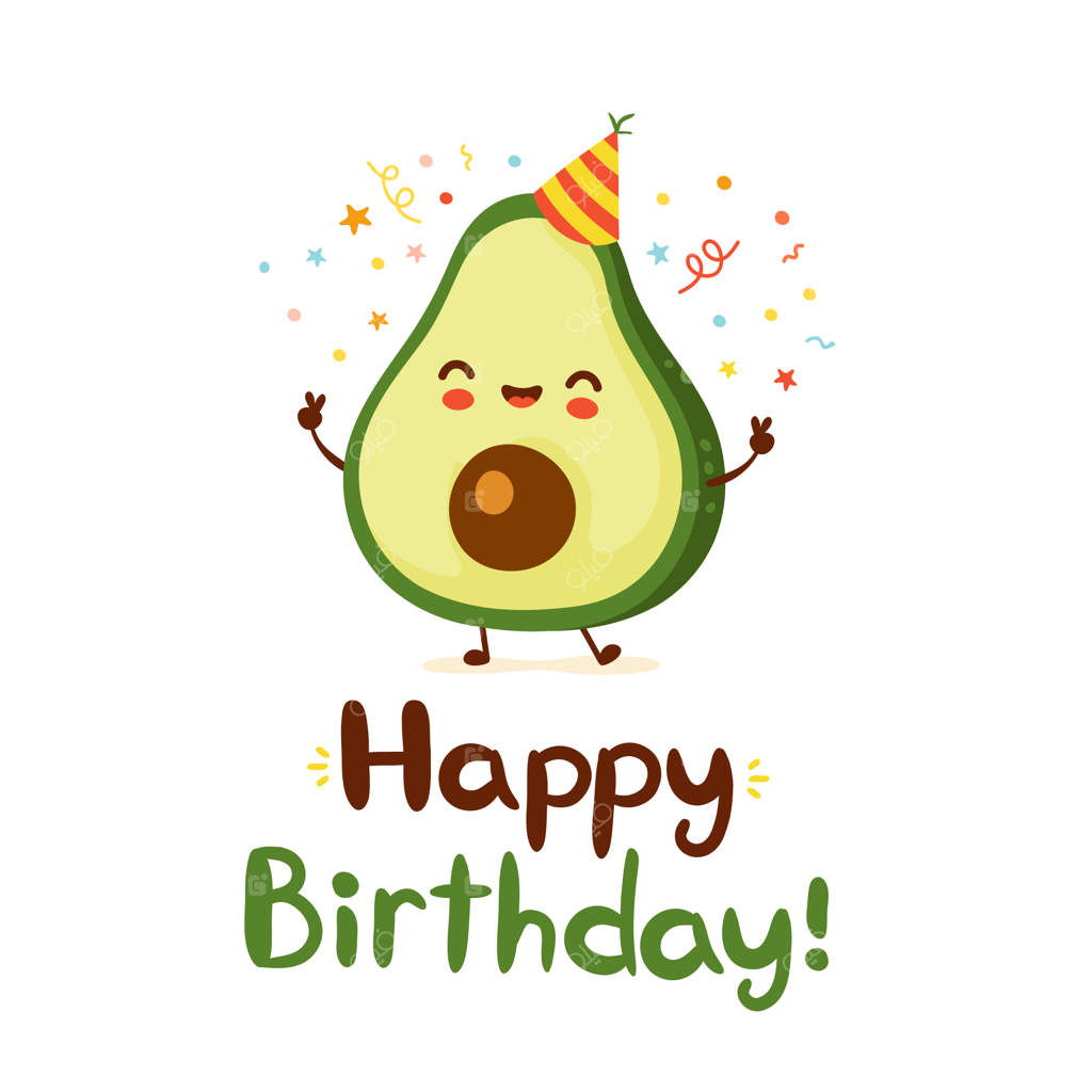 آووکادو بامزه و خنده‌دار: کارت تبریک تولدت مبارک با سبک طراحی دستی. ایلوستریشن شخصیت کارتونی تخت و جدا شده.