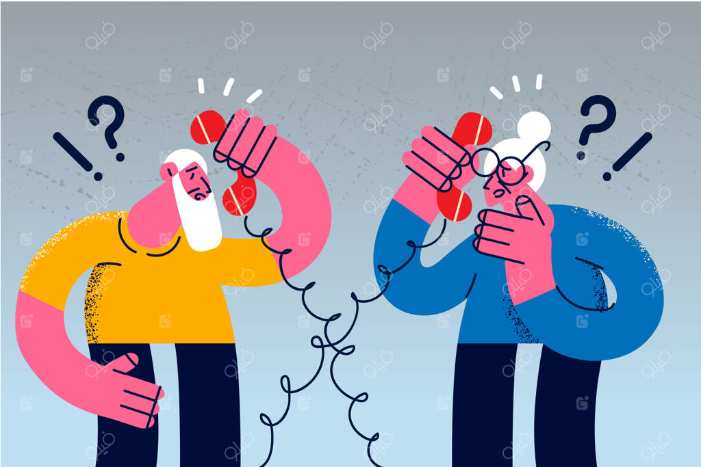 زوج سالمندی در حال صحبت با تلفن ثابت هستند و ارتباط تلفنی ضعیفی دارند. این زوج مسن با مشکل در شبکه تلفنی مواجه شده‌اند. (تصویرسازی وکتور، شخصیت کارتونی)