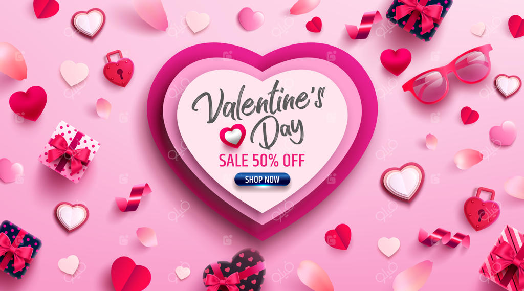 پوستر یا بنر فروش ویژه روز ولنتاین با هدایا و اقلام عاشقانه و دوست داشتنی
