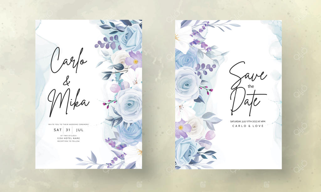 کارت دعوت عروسی با طرح دستی گل‌های آبی یخی و زیبا