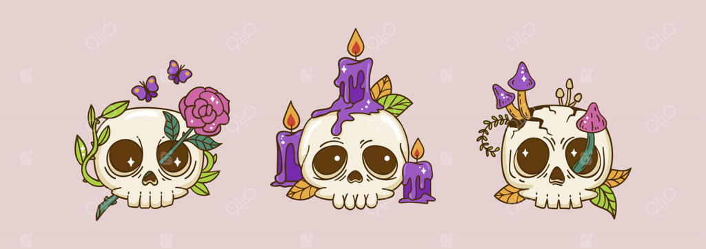 مجموعه شخصیت‌های کارتونی جمجمه‌های ترسناک و بامزه. تصویرسازی هالووین به سبک کاوایی.