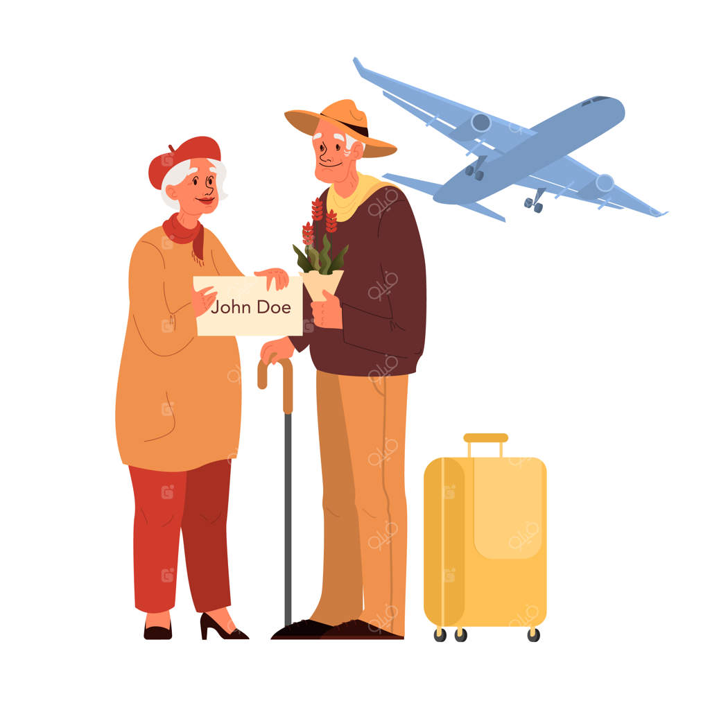 گردشگران سالمند با بار و کیف. پیرمرد و پیرزن با چمدان‌ در سفرشان. مجموعه‌ای از شخصیت‌های سالمند در سفر. مفهوم سفر و گردشگری