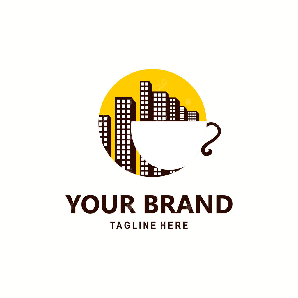 لوگوی ساختمان دانه قهوه سیاه و فنجان آسمان