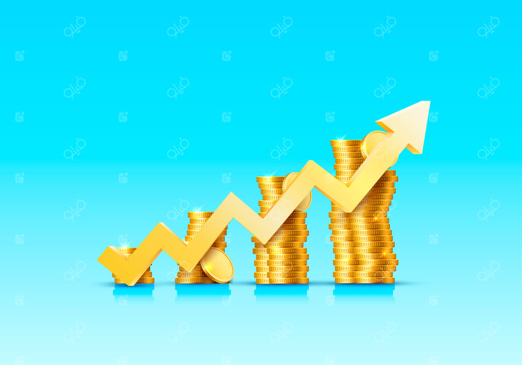 پشته‌های سکه‌های طلای فلش‌دار در حال افزایش روی سطح آبی