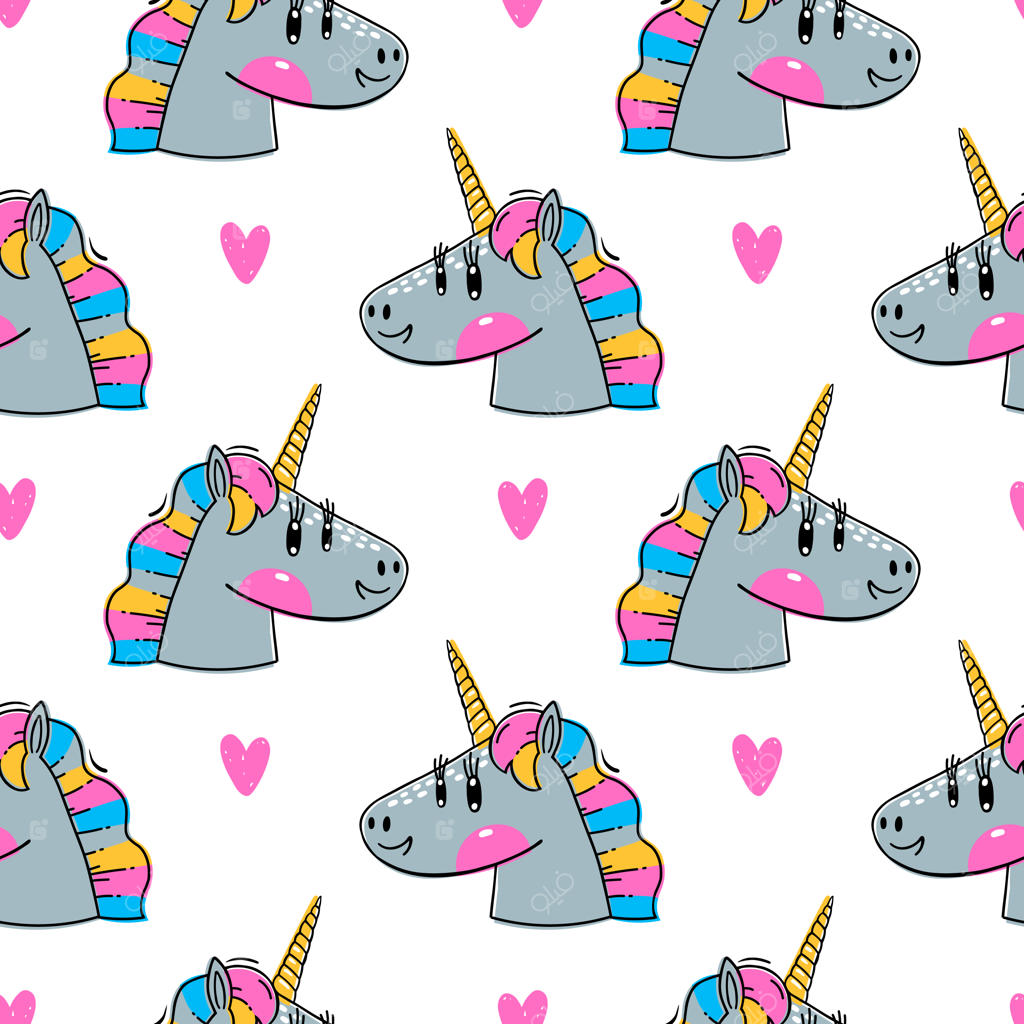 الگوی یکپارچه با سرهای تک‌شاخ رنگین‌کمانی: حیوانات مد روز و بامزه.