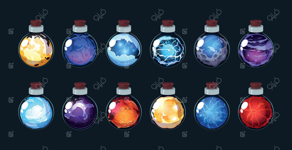 جادوی معجون بازی: بطری‌های اسرارآمیز جادوگری با اکسیر کیمیاگری، شیشه‌های سم و مواد شیمیایی. دارایی رابط کاربری بازی وکتور، مجموعه‌ی کارتونی کلیپ‌آرت‌ها