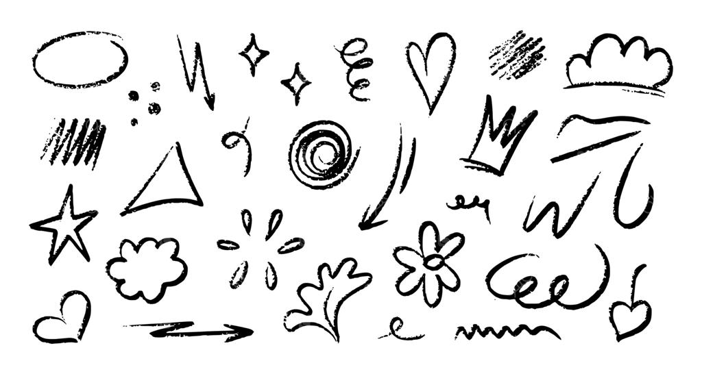 عناصر طراحی دستی بافت مداد شمعی سیاه روی پس‌زمینه سفید. مجموعه‌ای از فلش‌ها، قلب‌ها، ستاره‌ها، تاج‌ها، مارپیچ‌ها، نمادهای انتزاعی و اشکال بازیگوش را شامل می‌شود. مناسب برای