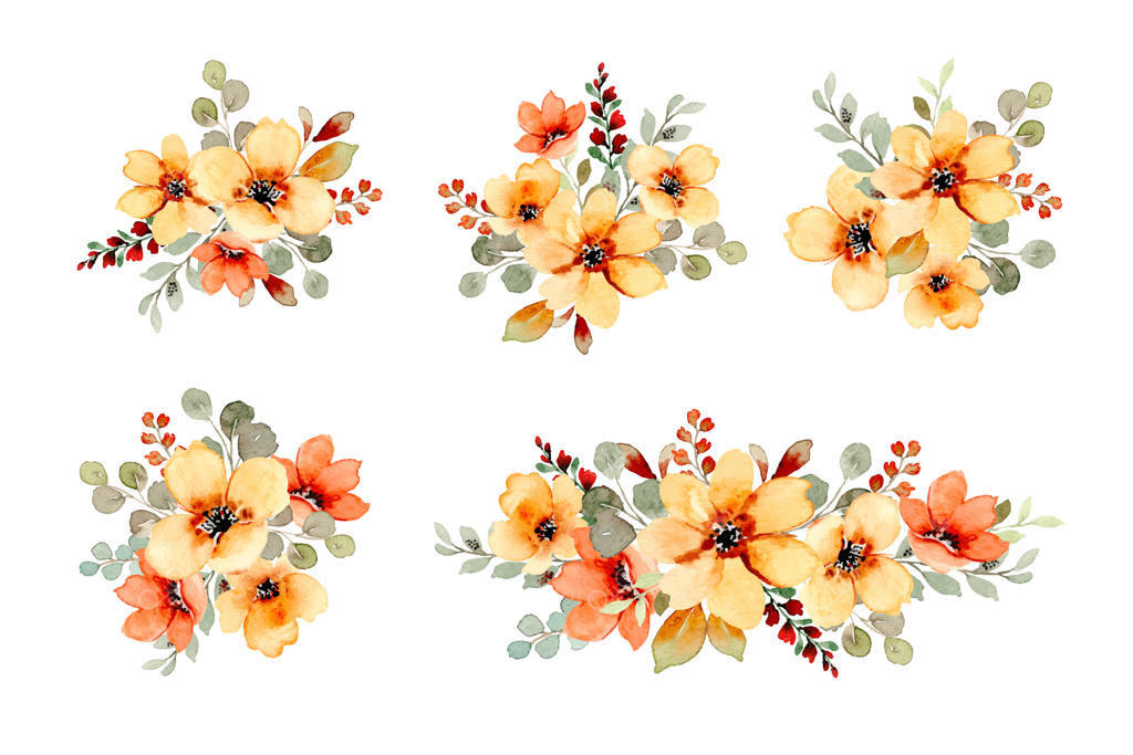 مجموعه‌ای از دسته گل‌های زرد و نارنجی با طراحی آبرنگی
