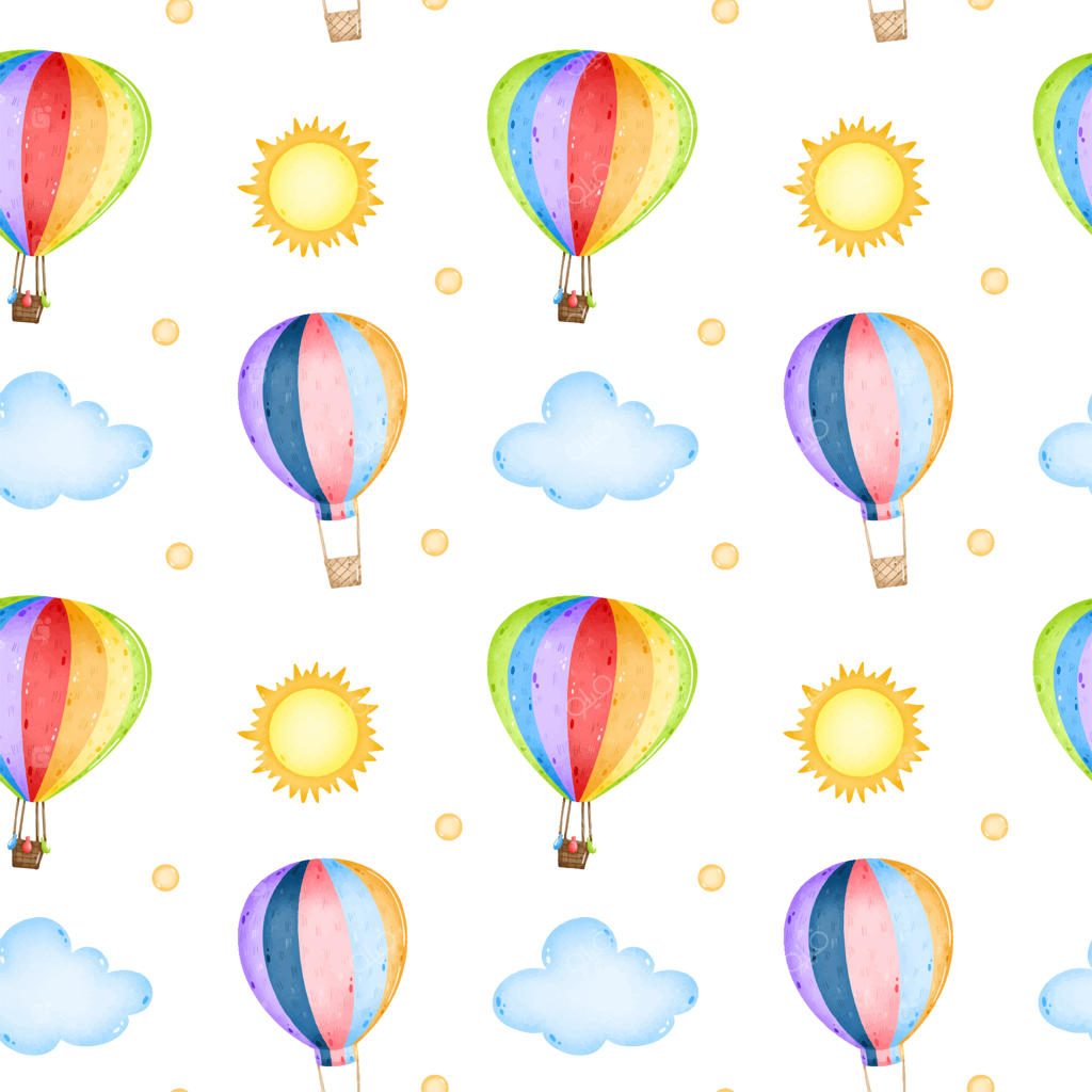 الگوی یکپارچه از بادکنک هوای داغ رنگین‌کمانی با پرچم‌های تزئینی در آسمان با ابرها و خورشید