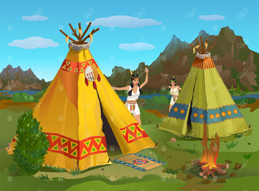 دختران سرخ‌پوست بر روی چمن نزدیک ویگووام در کوه‌های آمریکا در یک عصر تابستانی - زندگی قبیله‌ سرخ‌پوستان