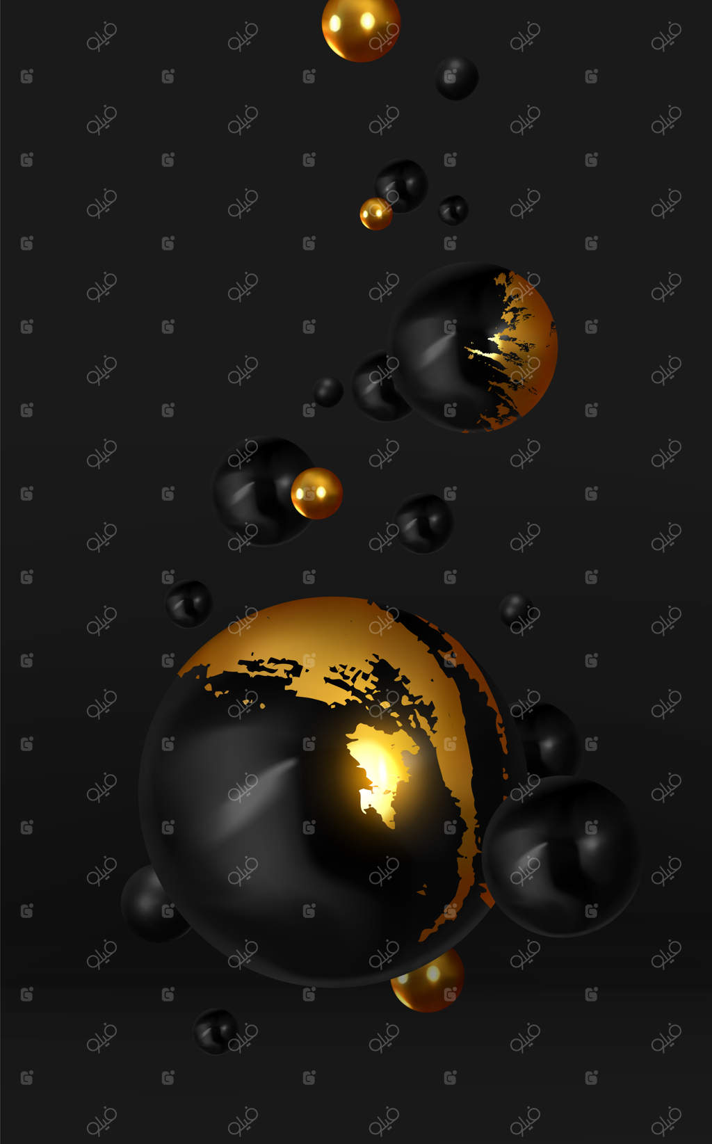 پس‌زمینه انتزاعی با کره‌های سه‌بعدی: توپ‌های مشکی و طلایی. طراحی مدرن و مینیمال با توپ‌های معلق. حباب‌های براق. بنر یا پوستر شیک و مد روز. تصویرسازی وکتور